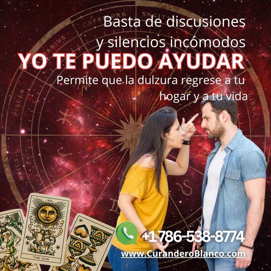 Banner promocional de Curandero Blanco para armonización de pareja con rueda zodiacal, cartas de tarot y número de contacto.