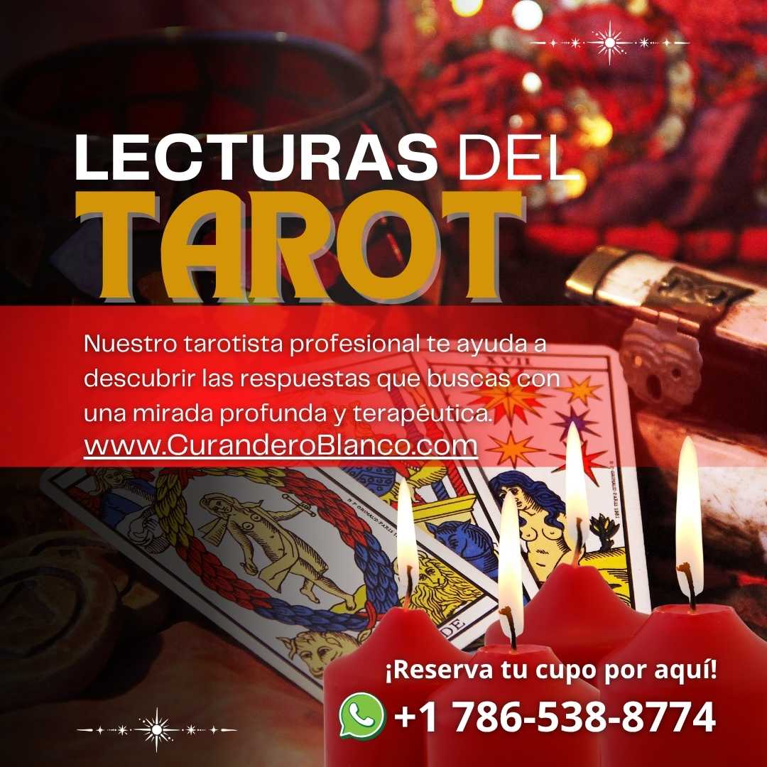 Anuncio de lectura del tarot profesional y terapéutica con tirada de cartas, velas rojas rituales y datos de WhatsApp.