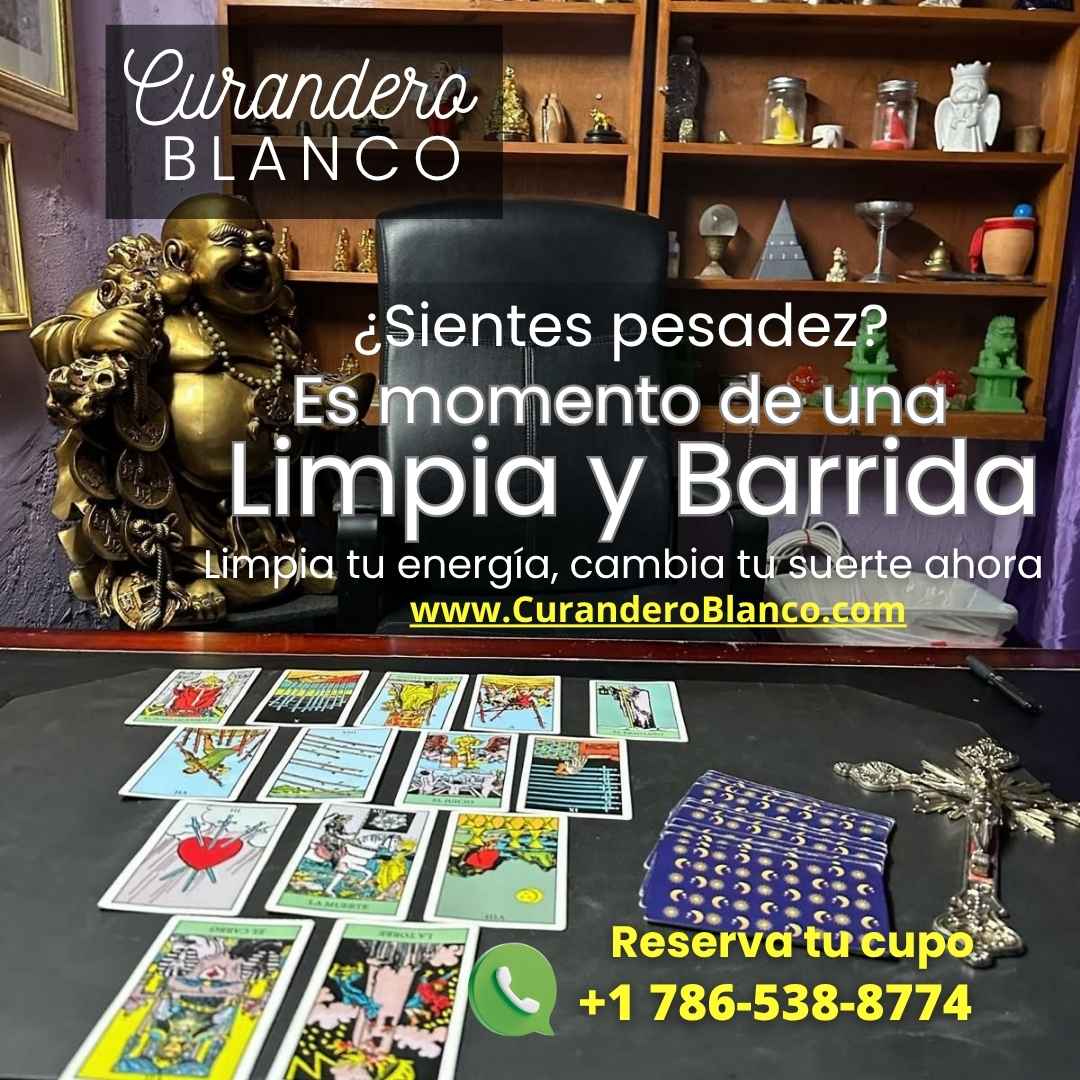 Imagen publicitaria de Curandero Blanco ofreciendo limpia de energía y cambio de suerte con mesa de consulta esotérica.